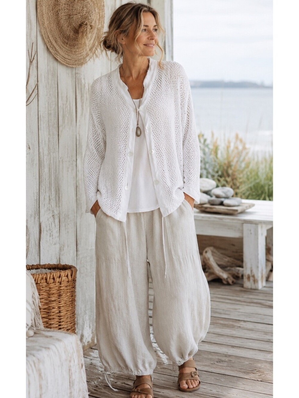 Cut Loose White Open Knit Drawstring Cardigan Top Artisanal Coastal Lagenlook M